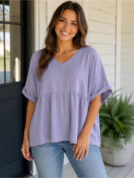 JODIFL Tops - Jodifl Lavender Textured Babydoll V-Neck Blouse - Short Sleeve Cuffed Top - Med